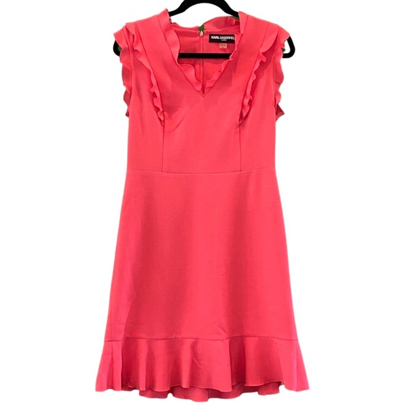 Karl Lagerfeld Ruffle Sleeveless V-Neck Flare Hem Strawberry Knit Dress Size 8 - Picture 3 of 6